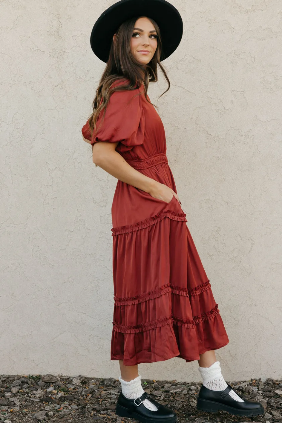 Tea N Rose Jannette Dress-Burnt Umber Red Fashion