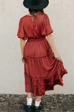 Tea N Rose Jannette Dress-Burnt Umber Red Fashion