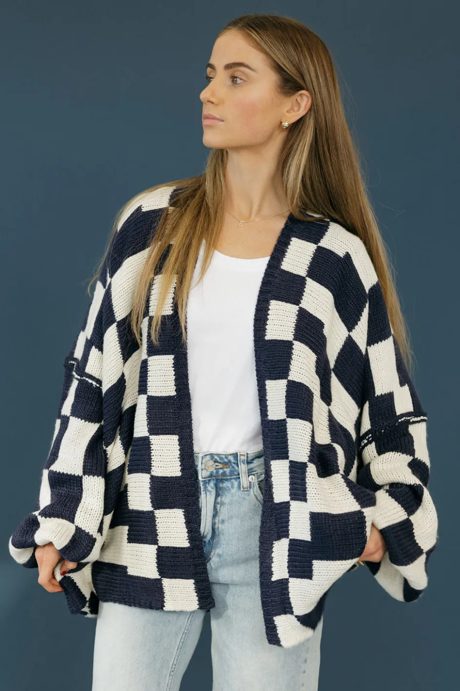 Miss Love Novalee Cardigan-White/Navy Blue Sale
