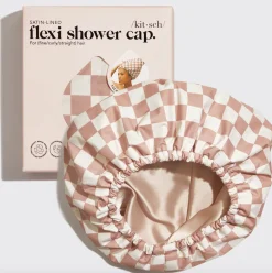 Kitsch Satin Lined Shower Cap TerracottaCheck Best