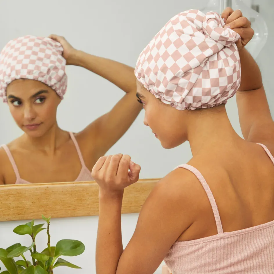 Kitsch Satin Lined Shower Cap TerracottaCheck Best