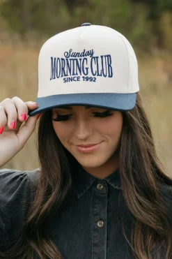 Fashion City Sunday Morning Club Trucker Hat- Cream/Navy Sale