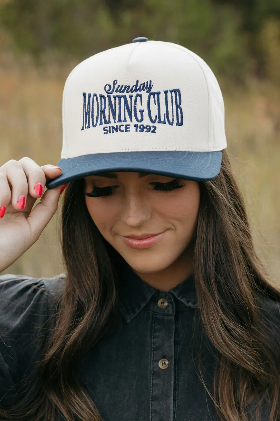 Fashion City Sunday Morning Club Trucker Hat- Cream/Navy Sale