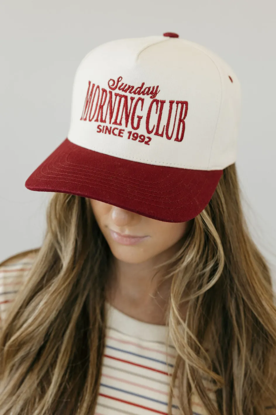 Fashion City Sunday Morning Club Trucker Hat- Cream/Burgundy New