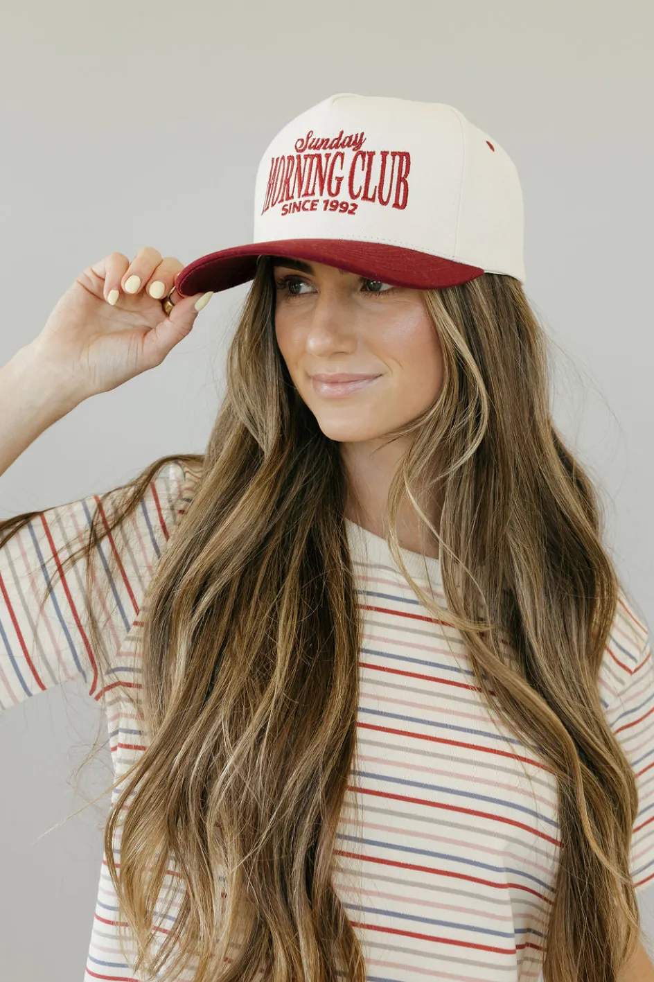 Fashion City Sunday Morning Club Trucker Hat- Cream/Burgundy New