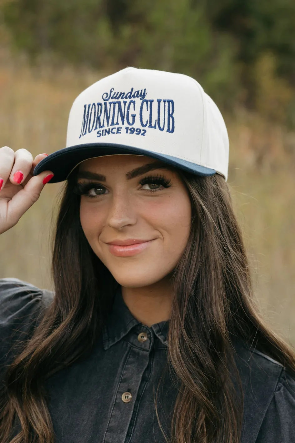 Fashion City Sunday Morning Club Trucker Hat- Cream/Navy Sale