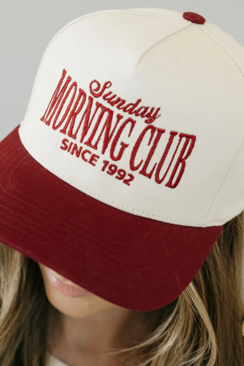Fashion City Sunday Morning Club Trucker Hat- Cream/Burgundy New