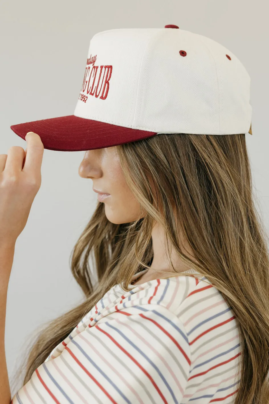 Fashion City Sunday Morning Club Trucker Hat- Cream/Burgundy New